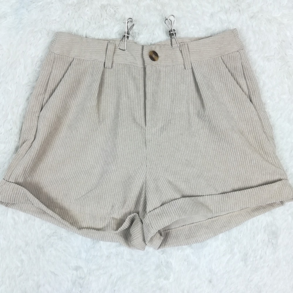 Shein Womens Shorts Corduroy High Waist Roll Hem Nude‎ Beige Casual 6